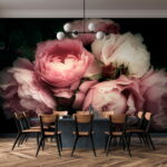 Une peinture de fleurs et de feuilles Papier peint Groupe de roses roses et blanches