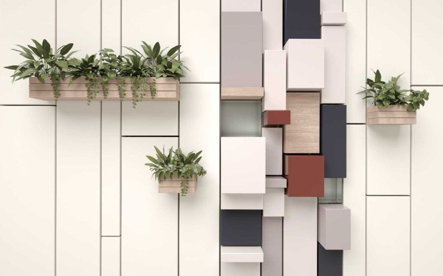 Mur avec plantes et boîtes