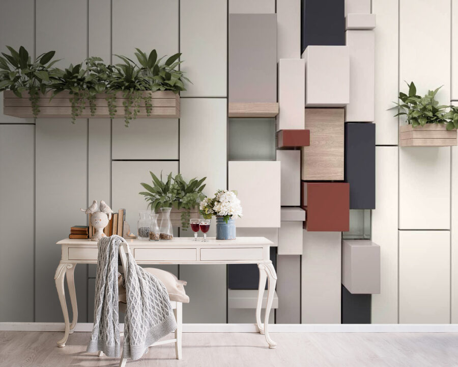 Mur avec plantes et boîtes