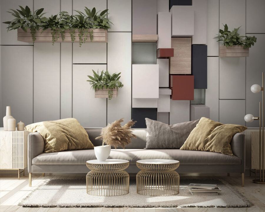 Mur avec plantes et boîtes