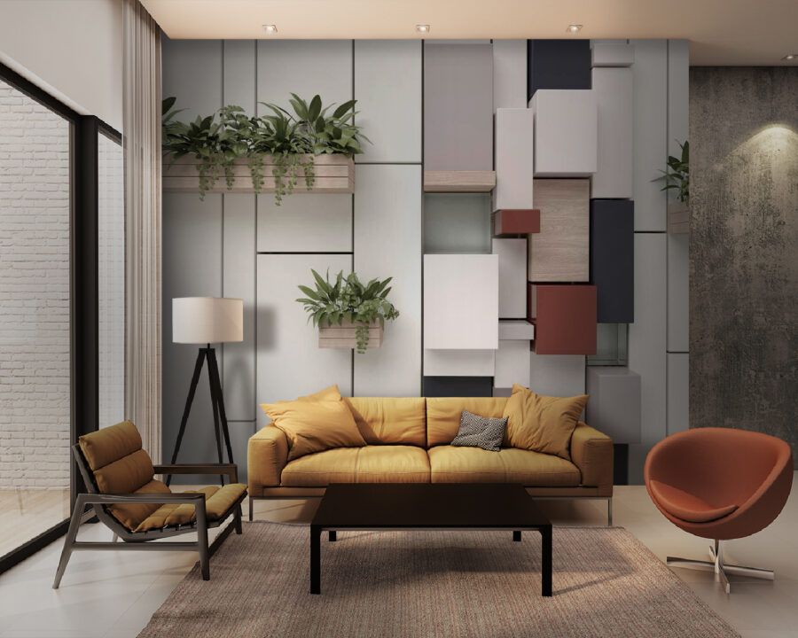 Mur avec plantes et boîtes