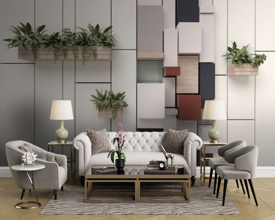 Mur avec plantes et boîtes
