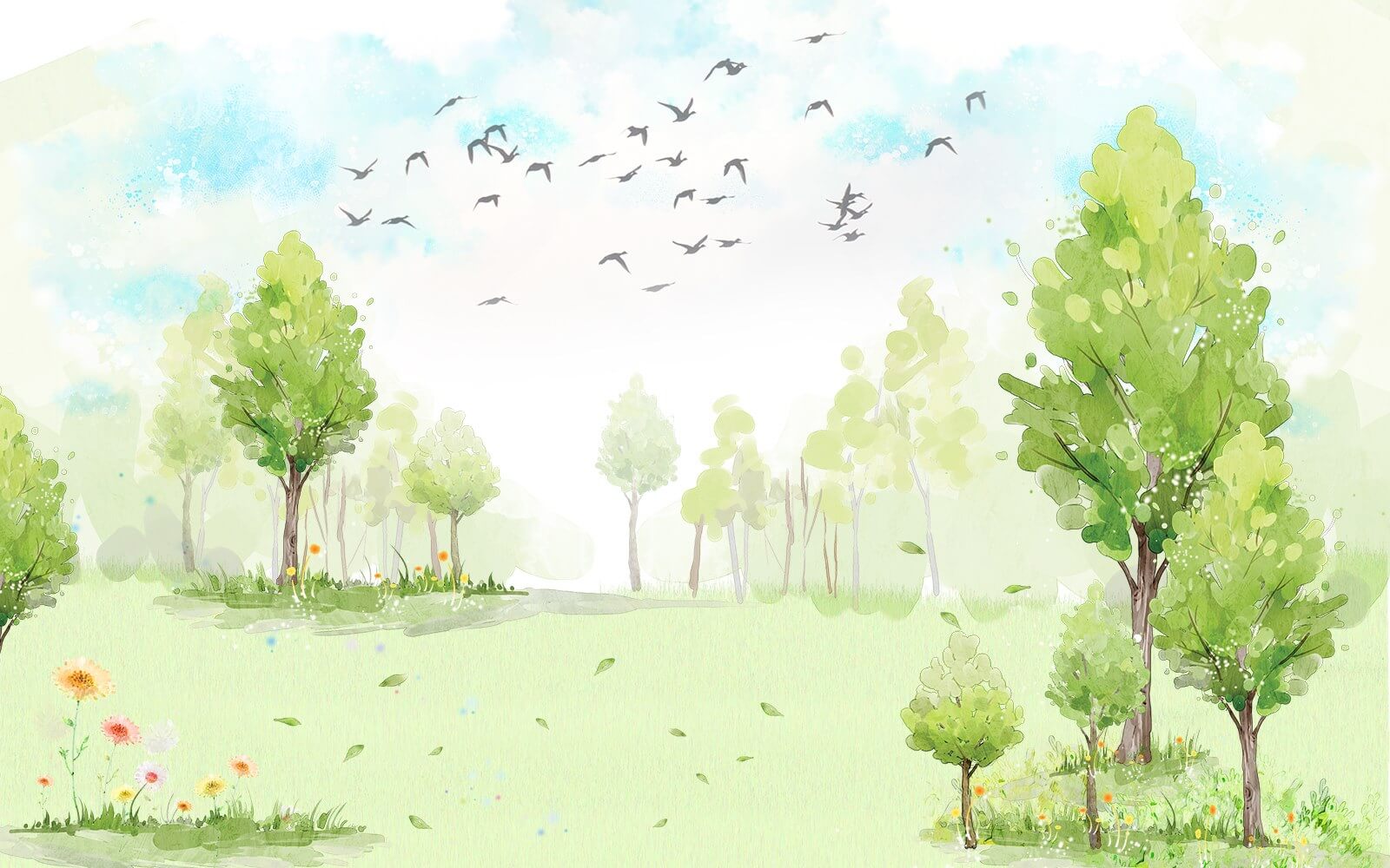 u02064p - Champ vert avec des arbres et des oiseaux volant dans le ciel - tegory