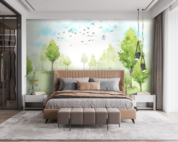 Champ vert avec des arbres et des oiseaux volant dans le ciel u02064pib115 600x480 - Champ vert avec des arbres et des oiseaux volant dans le ciel - tegory