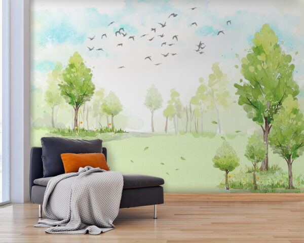 Champ vert avec des arbres et des oiseaux volant dans le ciel u02064pig25 600x480 - Champ vert avec des arbres et des oiseaux volant dans le ciel - tegory