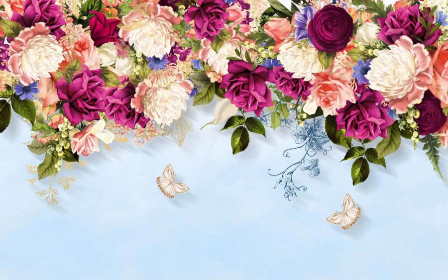 Groupe de fleurs avec papillons