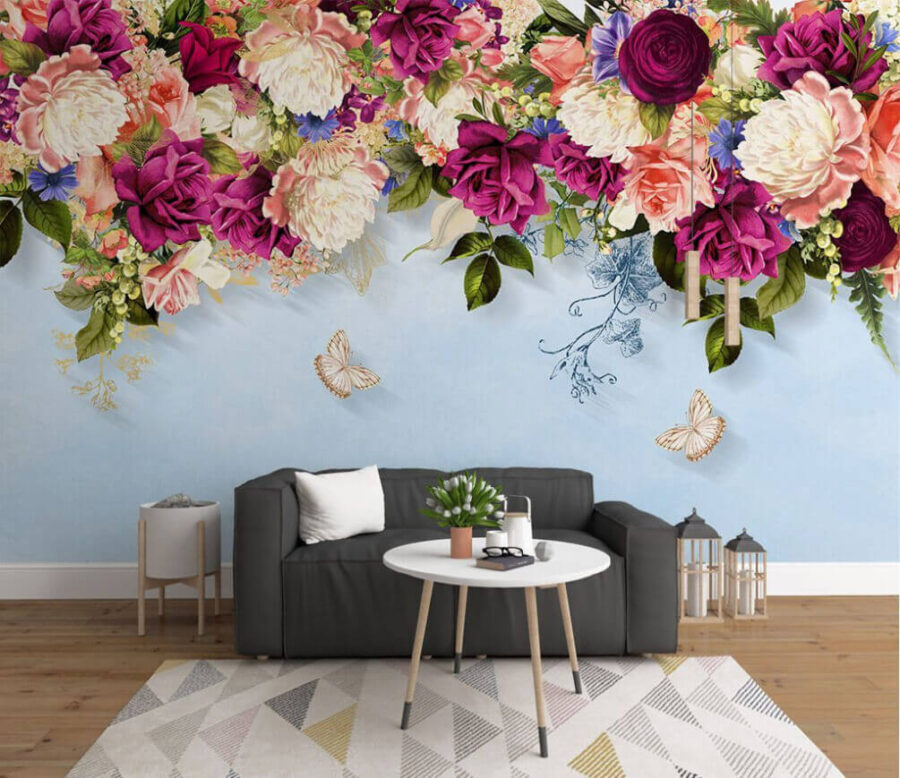 Groupe de fleurs avec papillons