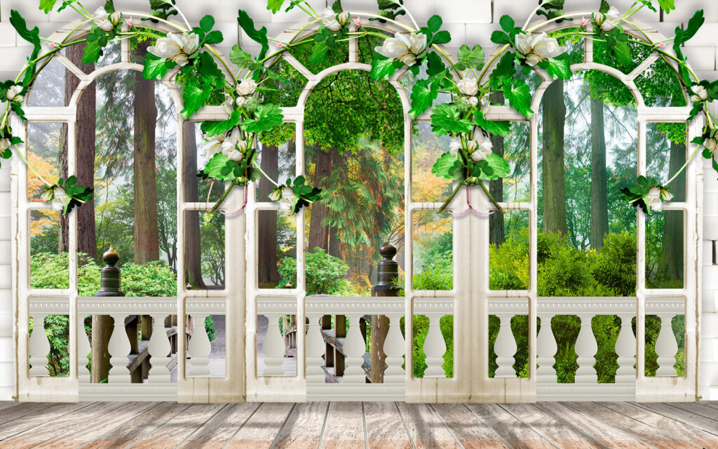 Porte blanche avec fleurs blanches et feuilles vertes Porte blanche avec fleurs blanches et feuilles vertes