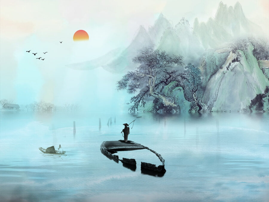 Homme debout sur un bateau dans l'eau avec des montagnes et des arbres