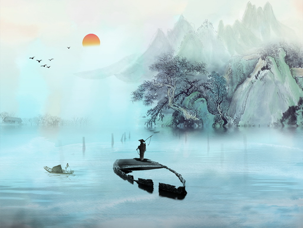Homme debout sur un bateau dans l'eau avec des montagnes et des arbres Homme debout sur un bateau dans l'eau avec des montagnes et des arbres