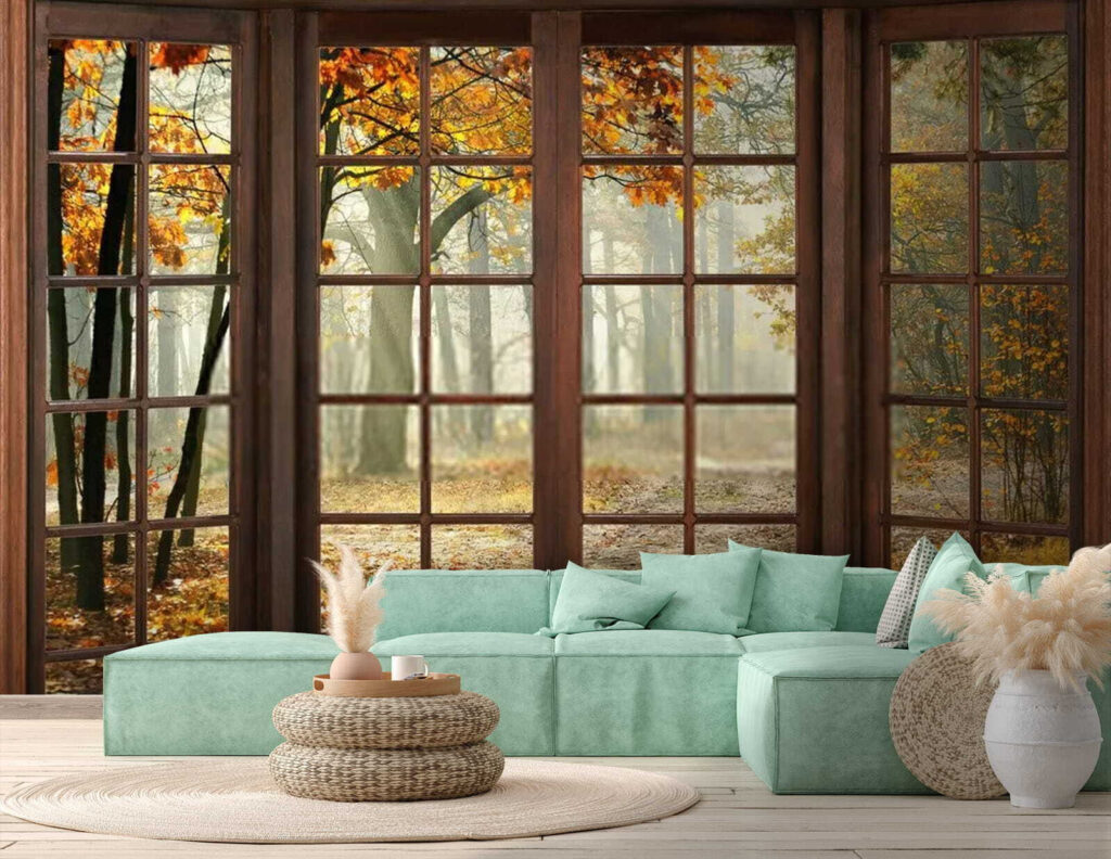 Window with trees and a path through it Window with trees and a path through it