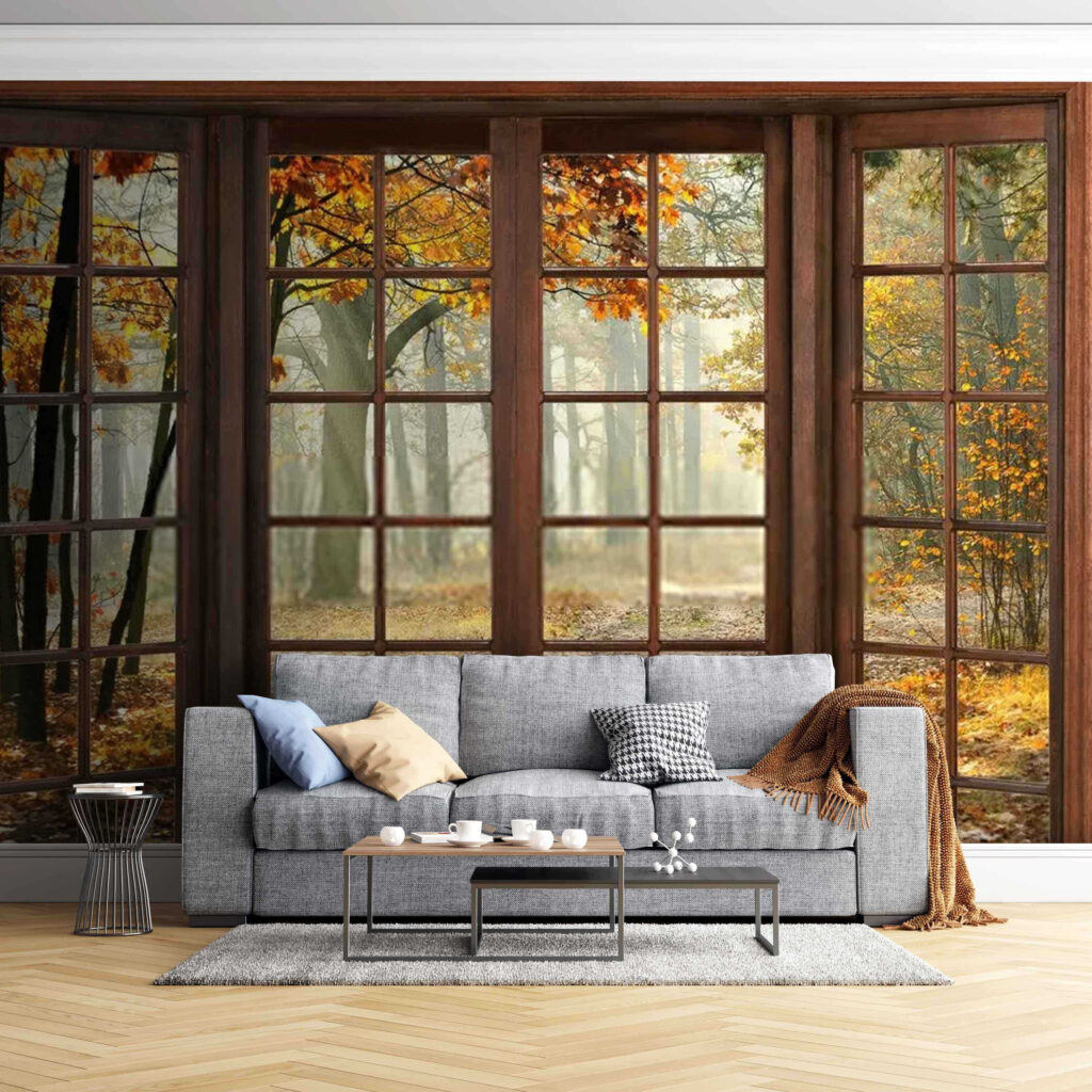 Window with trees and a path through it Window with trees and a path through it