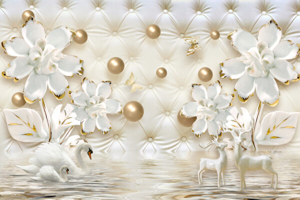 Papier peint avec des fleurs blanches et des cygnes Papier peint avec des fleurs blanches et des cygnes