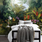 Papier peint Peinture d'une forêt avec des fleurs