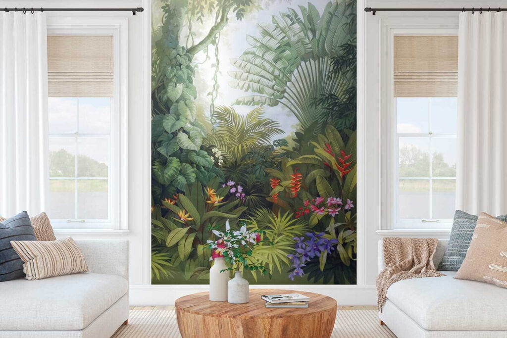 Painting of a forest with flowers