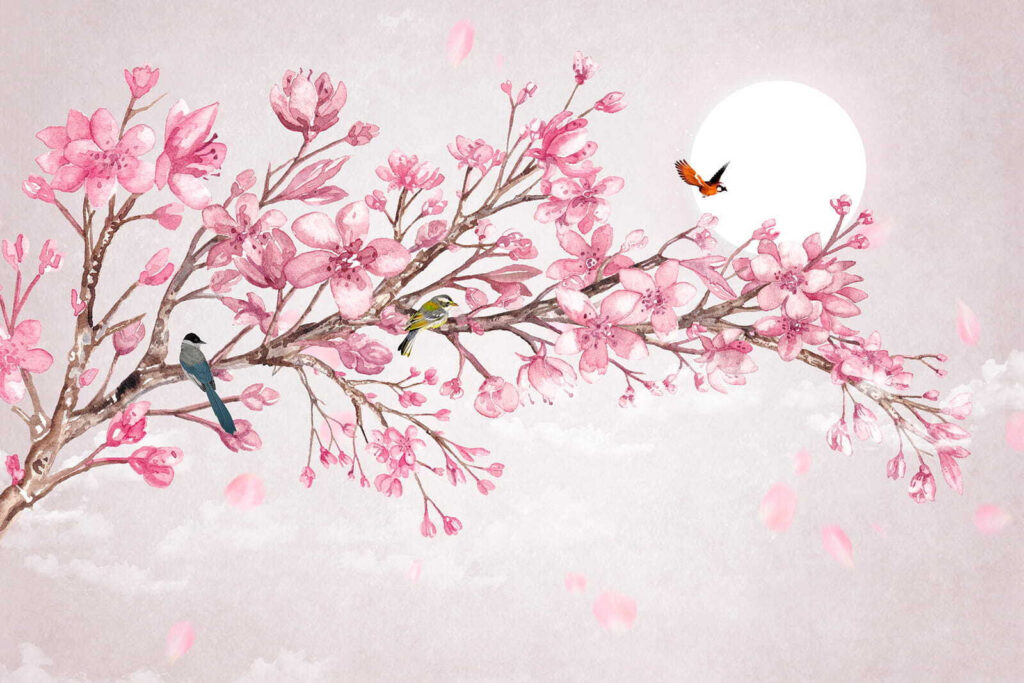 Peinture d'une branche avec des fleurs roses et des oiseaux Peinture d'une branche avec des fleurs roses et des oiseaux
