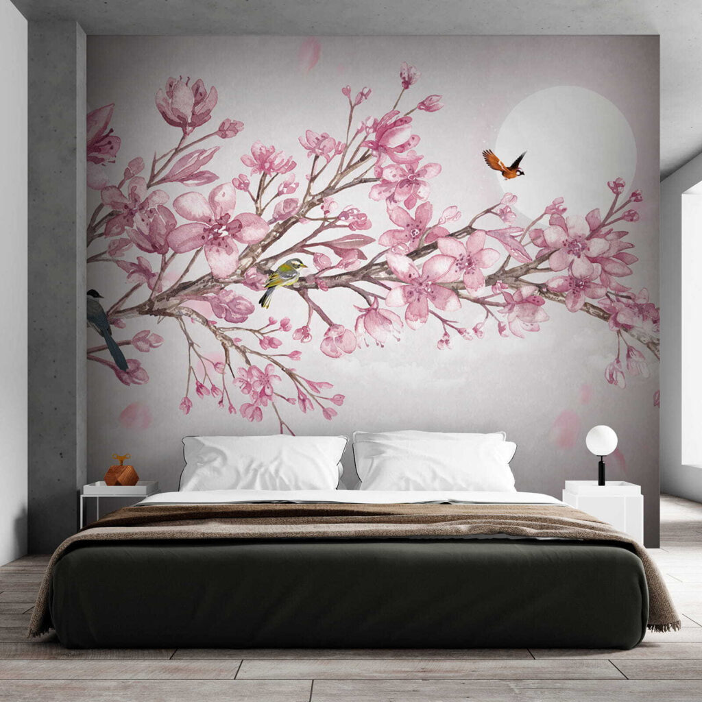 Painting of a branch with pink flowers and birds