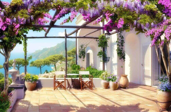 Patio avec fleurs et plantes violettes Patio avec fleurs et plantes violettes