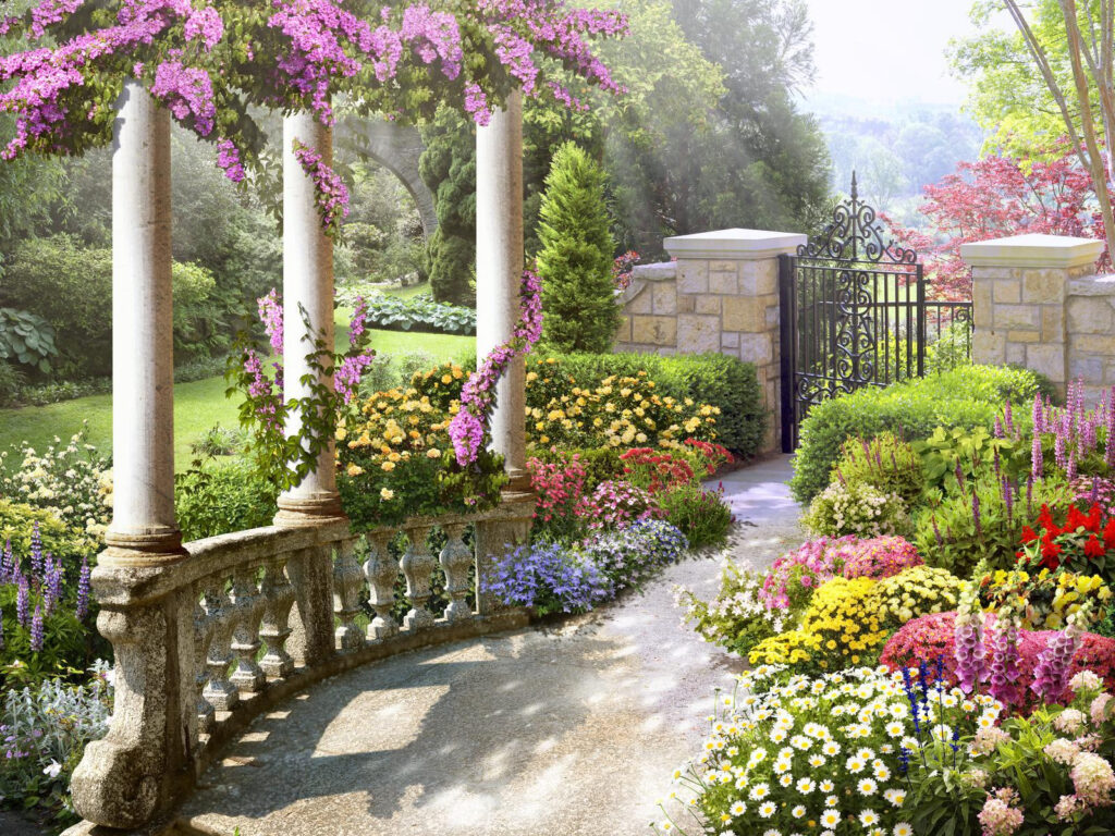 Jardin avec portail et fleurs Jardin avec portail et fleurs