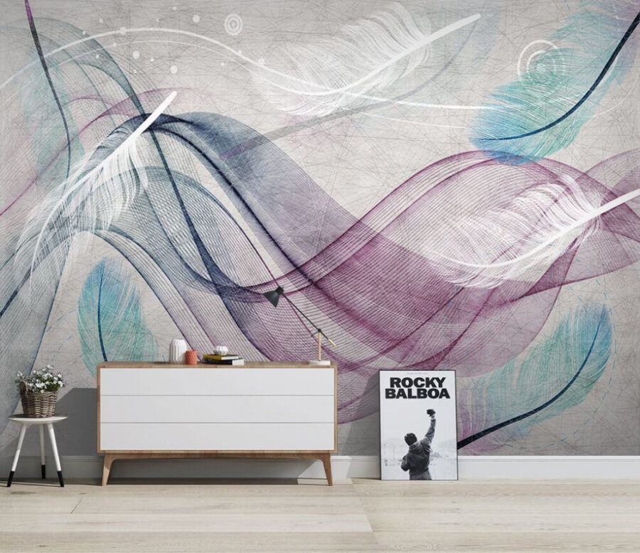 Plumes colorées sur une surface blanche