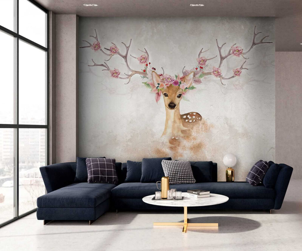 u04671pig2 1024x852 - Aquarelle d'un cerf avec des fleurs sur les cornes