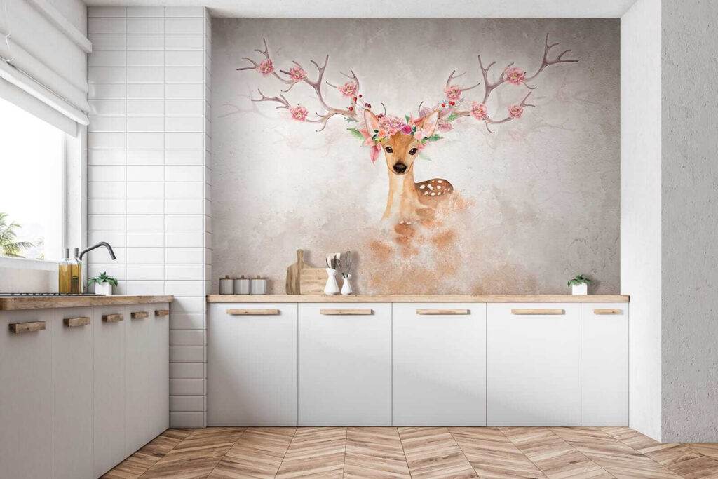 u04671pik1 1024x683 - Aquarelle d'un cerf avec des fleurs sur les cornes