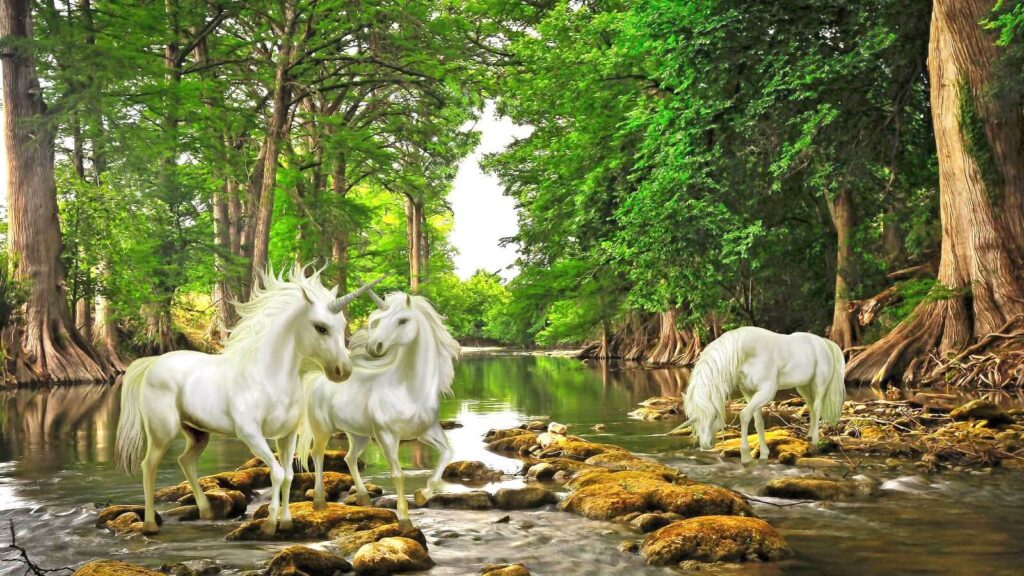 Groupe de licornes blanches dans une rivière Groupe de licornes blanches dans une rivière
