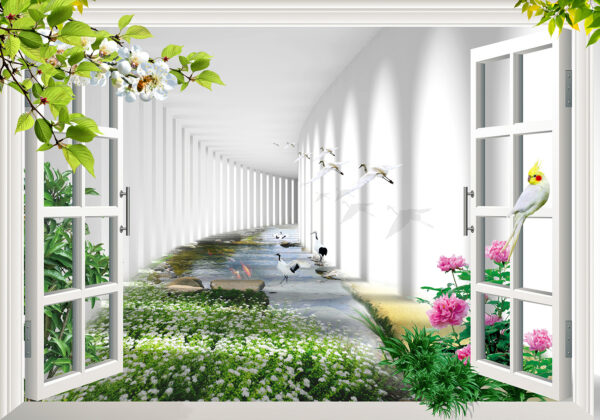 Fenêtre avec vue sur un étang et des fleurs Fenêtre avec vue sur un étang et des fleurs