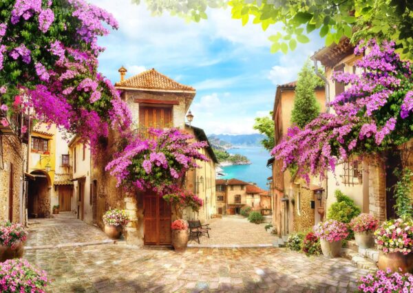 Rue avec fleurs et arbres Rue avec fleurs et arbres