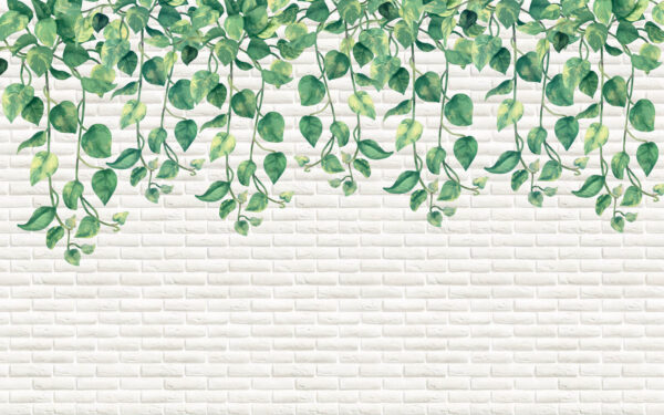Mur de briques blanches avec des feuilles vertes Mur de briques blanches avec des feuilles vertes