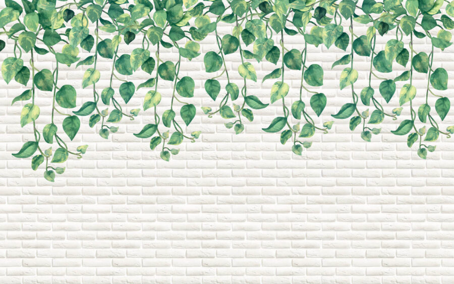 Mur de briques blanches avec des feuilles vertes