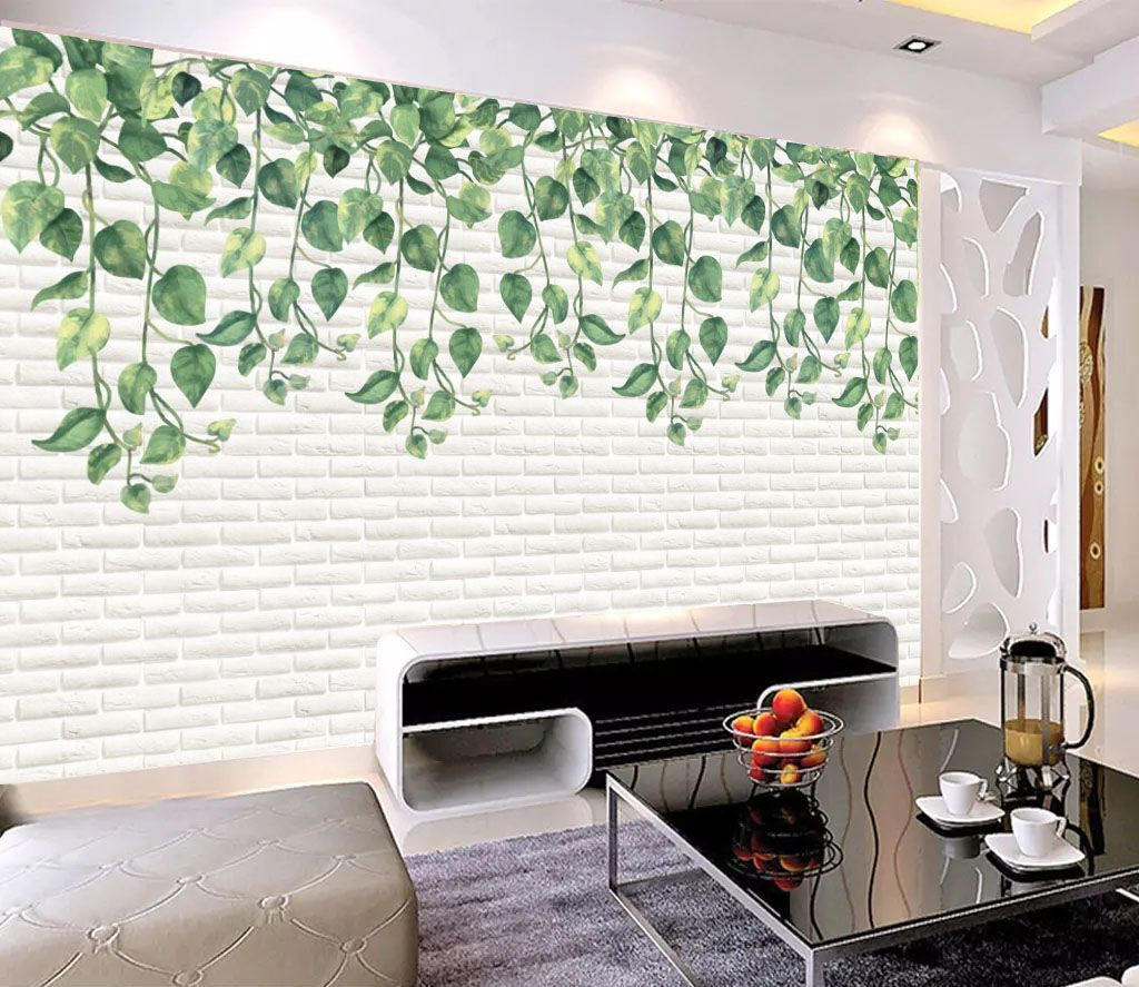 Mur de briques blanches avec des feuilles vertes u06501pig1m - Mur de briques blanches avec des feuilles vertes - tegory