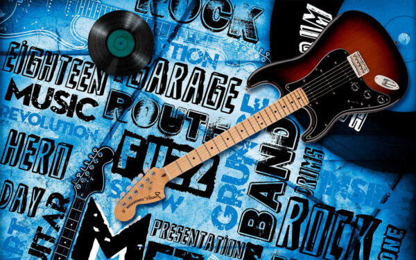 Guitare et disque sur fond bleu Guitare et disque sur fond bleu