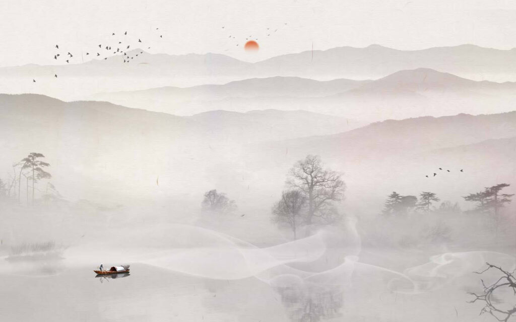 Bateau sur un lac avec brouillard et arbres Bateau sur un lac avec brouillard et arbres