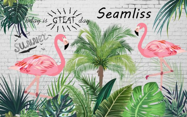 Mur avec flamants roses et palmiers Mur avec flamants roses et palmiers
