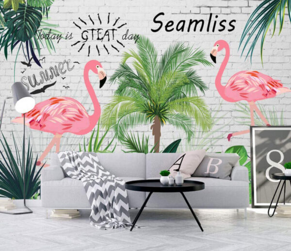 Mur avec flamants roses et palmiers Mur avec flamants roses et palmiers