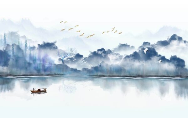 Peinture d'un bateau sur l'eau avec des oiseaux volant dans le ciel Peinture d'un bateau sur l'eau avec des oiseaux volant dans le ciel