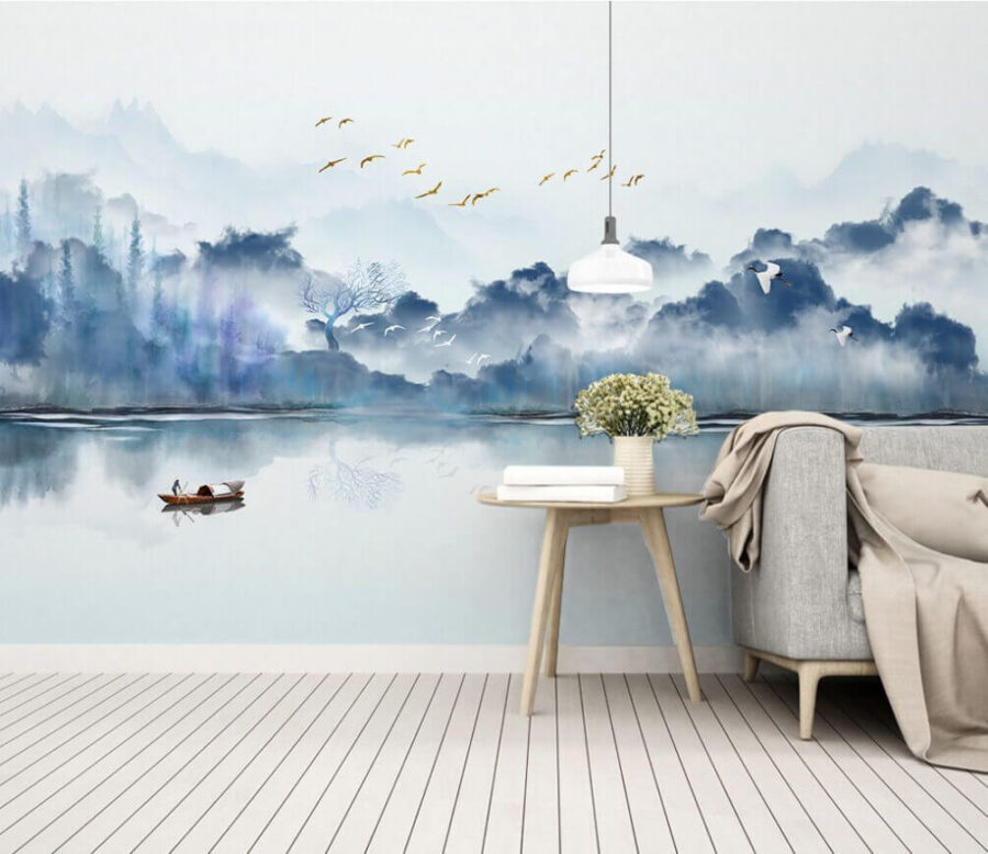 Peinture d'un bateau sur l'eau avec des oiseaux volant dans le ciel Peinture d'un bateau sur l'eau avec des oiseaux volant dans le ciel