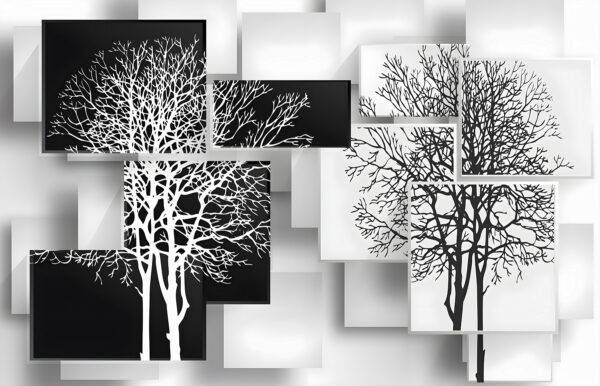 Groupe de carrés noirs et blancs sur lesquels figurent des arbres Groupe de carrés noirs et blancs sur lesquels figurent des arbres