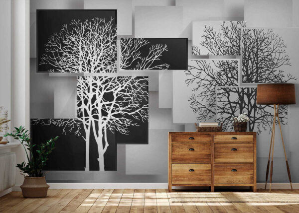 Groupe de carrés noirs et blancs sur lesquels figurent des arbres Groupe de carrés noirs et blancs sur lesquels figurent des arbres