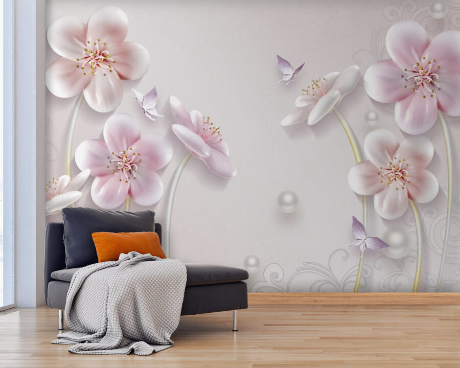 Papier peint Papier peint avec des fleurs et des papillons – Image 2