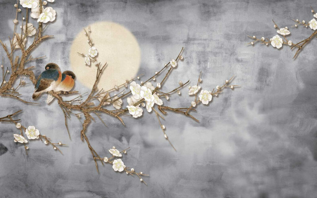Oiseau sur une branche avec des fleurs blanches Oiseau sur une branche avec des fleurs blanches