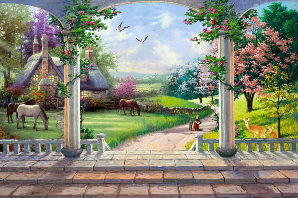 Peinture d'un paysage avec un cheval et une maison Peinture d'un paysage avec un cheval et une maison
