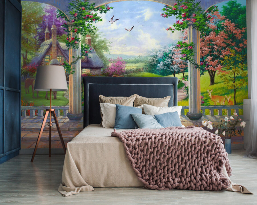 Peinture d'un paysage avec un cheval et une maison