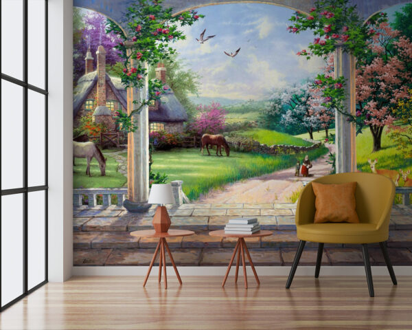 Peinture d'un paysage avec un cheval et une maison Peinture d'un paysage avec un cheval et une maison