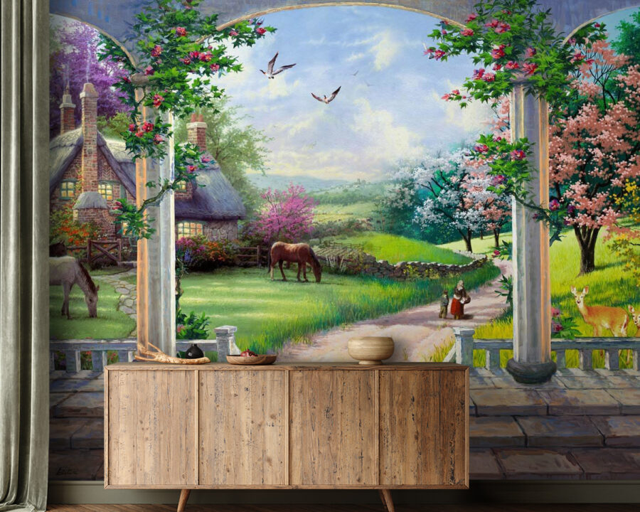 Peinture d'un paysage avec un cheval et une maison