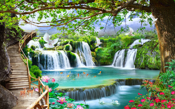 Cascade avec oiseaux et pont Cascade avec oiseaux et pont