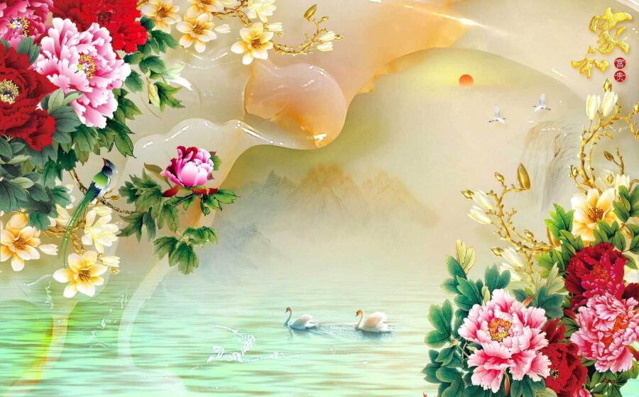 Peinture de fleurs et de cygnes