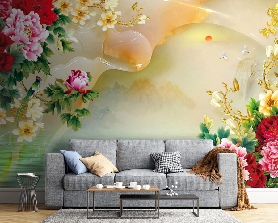 Peinture de fleurs et de cygnes