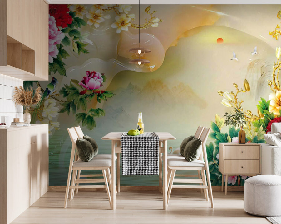 Peinture de fleurs et de cygnes